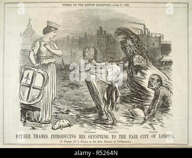 Vater Themse Einführung seinen Nachwuchs zur Messe Stadt London. Diphterie. Scropula. Cholera. Punch, oder das London Charivari. London, 3. Juli 1858. Quelle: S. S. 5270, Seite 5. Stockfoto