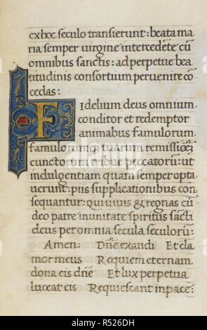 Text Seite mit ersten 'F'. Mirandola Stunden. Italien, ca. 1490-1499. [Ganze folio] Text Seite vom Büro des Toten, dekoriert mit ersten 'F' Bild von Mirandola Stunden genommen. Ursprünglich veröffentlicht in Italien produziert, ca. 1490-1499. Quelle: Hinzufügen. 50002, f 90. Sprache: Latein. Stockfoto