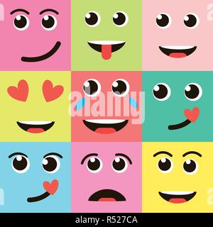 Set aus bunten Emoticons, emoji Flachbild Hintergrund Muster Stock Vektor