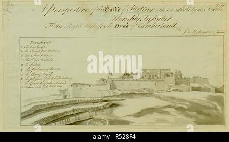 Eine Seitenansicht des Stirling Castle; ein zerbrochenes Rad und eine Kanone im Vordergrund; die Wände um die Burg; eine Flagge in der Mitte. Eine Perspektive der Schlacht von Stirling auf der Seite angegriffen durch die REBELLS Demütig eingeschrieben zu sein Royall Hoheit der Herzog von Cumberland. c. 1748. Quelle: Karten K. Top. Z.B. 50.96. Sprache: Englisch. Thema: ELPHINSTONE, John. Stockfoto