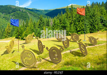 Währung Kriege. Bulls vs Bären, bitcoin, der die Mannschaft führt. Schlacht auf dem Hügel in der Nähe des Wald. capture the flag Konzept. schönen Sommer Landschaft mit Mo Stockfoto