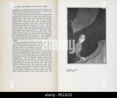 Text und Illustration", hinauf in den verschlossenen Raum', Dorian Gray. Das Bild des Dorian Gray von Oscar Wilde; mit einer Einführung von osbert Burdett; autorisierte Ed. mit Illustrationen von Henry scharf. London: John Lane die Bodley Head; New York: Dodd, Mead und Co., 1925 Bungay, Suffolk: Richard Ton & Söhne. Quelle: 012634. n.52 Seite 144 und 145. Stockfoto