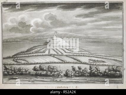 Zahlen und Pferde im Vordergrund; eine zerfurchte Feld in der Mitte; Glastonbury Tor und St. Michael Turm am Horizont. Fernsicht auf Glastonbury Tor. c. 1727. Feder und Tinte schwarz mit monochromen waschen. Quelle: Karten K. Top. 38,6. g. Sprache: Englisch. Thema: Objektiv, A. B. Stockfoto