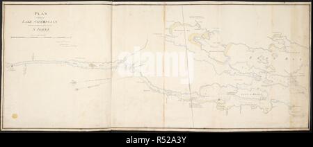 Ein Manuskript Plan zu einem großen Ausmaß der Route aus dem nördlichen Teil des Lake Champlain nach Norden in Richtung t Iohns' (jetzt Saint-Jean-sur-Richelieu). PLAN der Teil des Lake Champlain mit der Kommunikation bis auf S IOHNS. Quebec: 13. Juni 1791 Commant Gothermann Capt. Rl. Engr., [1791]. Manuskript Feder und Tusche mit Aquarell. Quelle: Karten K. Top. 119.43.2. Sprache: Englisch. Stockfoto