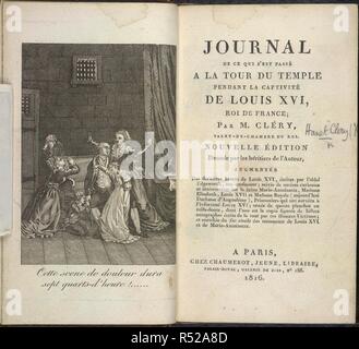 Louis XVI. [Journal de ce qui s'est passeÂ'Ã la Tour du Templ. Paris, 1816. König Ludwig XVI. mit seiner Familie während der letzten Stunden vor seiner Hinrichtung. Bild von [Journal de ce qui s'est passeÂ'Ã la Tour du Temple, Anhänger la captiviteÂ' de Louis XVI., Roi de France.].. Ursprünglich veröffentlicht in Paris, 1816 produziert. . Quelle: 10658.b 27, frontispice und Titel Seite. Sprache: Französisch. Stockfoto