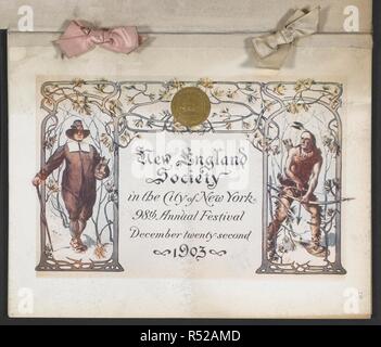 Abdeckung für das Menü für die Neu-england-Gesellschaft in der Stadt New York 98th jährliche Festival (22. Dezember 1903). . [Eine Sammlung von Speisekarten der Abendessen und Berichte von Feierlichkeiten in den Vereinigten Staaten von Amerika in den Jahren 1890-1904, gebildet von Miss F.E. Buttolph. In drei Bänden gebunden.]. [1890-1904]. Siehe auch Datei N 10002-52. Quelle: C.120.f 2 Band 3 Nr. 29. Sprache: Englisch. Stockfoto
