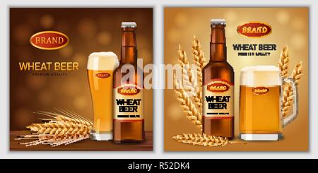 Bier prost Flaschen Glas Handwerk Becher trinken Prost banner Konzept gesetzt. Realistische Abbildung von 4 bier Prost Flaschen Glas Handwerk Becher trinken Prost vektor Banner für Web Stock Vektor