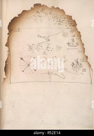 Diagramm von Hugh Smyth während einer Expedition unter der Leitung von Arthur Pet und Charles Jackman auf dem 'George' und die 'William', die im Mai 1580 eine nördliche Route nach Cathay zu finden. Die Grafik zeigt die zwei Schiffe, und Englisch Standards auf den Inseln Vaygach und Nowaja Semlja, aus der arktischen Küste von Russland. Papiere in Bezug auf die Reisen von Hawkins, Frobisher, Drake, etc. 1580. Quelle: Baumwolle Otho E. VIII, w.78. Sprache: Englisch. Stockfoto