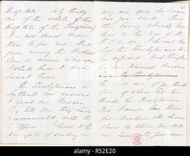 Brief von Florence Nightingale. Nachtigall Papers, Vol. I. die Türkei [Scutari, in der Nähe von Istanbul]; 1855. [Ganze öffnen] Teil der ein Autogramm Schreiben von Florence Nightingale zu Hon Sidney Herbert [Baron Herbert von Lea], Staatssekretär am Krieg, über die Bedingungen im Krankenhaus, und die Möglichkeit, mehr Krankenschwestern aus Schottland gesendet werden. Baracke Krankenhaus, Scutari, 19. Februar 1855 Bild von Nachtigall Papers, Vol. I. Ursprünglich veröffentlicht in Der Türkei [Scutari produziert, in der Nähe von Istanbul]; 1855. . Quelle: Hinzufügen. 43393, ff. 164 V-165. Sprache: Englisch. Stockfoto