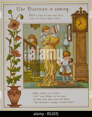 Der Müllmann kommt. Eine Mutter nimmt ihre Kinder ins Bett. Abbildung von â € "London Stadt €™. London Town. Marcus Ward & Co.: London, 1883. Bild von: London Town. Verse von Felix Leigh. Quelle: 12805.9, Seite 54. Thema: Kran, Thomas. Stockfoto