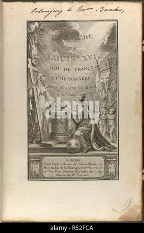 Louis XVI. Sacre et couronnement de Louis XVI. ... Paris, 1775. Illustrierte Titelseite, Louis XVI (1754-83). König von Frankreich. Bild von Sacre et couronnement de Louis XVI. genommen . Ursprünglich veröffentlicht in Paris, 1775 produziert. . Quelle: 605. C.27, Titelseite. Sprache: Französisch. Stockfoto