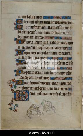 Bas-de-Seite Szene eines Ritters im Kampf mit einem Löwen, die Federung auf seinem Pferd ist von hinten. Psalter (die "Queen Mary Psalter"). England (London/Westminster oder East Anglia?); zwischen 1310 und 1320. Quelle: Royal 2 B VII, w.164 v. Sprache: Latein, mit französischen Bildunterschriften. Stockfoto