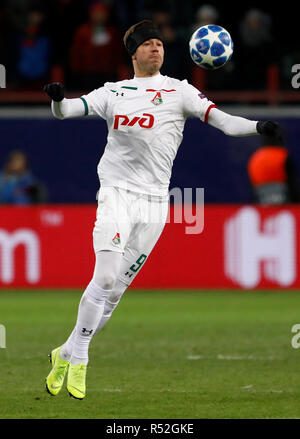 Moskau, Russland - 28. NOVEMBER: Fedor Smolov der FC Lokomotiv Moskau in Aktion während der Gruppe D Spiel der UEFA Champions League zwischen FC Lokomotiv Moskau und Galatasaray bei Lokomotiv Stadion am 28. November 2018 in Moskau, Russland. (MB) Stockfoto