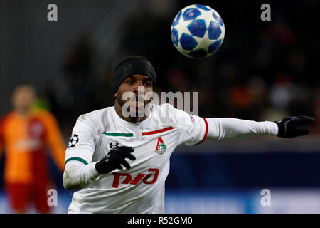 Moskau, Russland - 28. NOVEMBER: Jefferson Farfan der FC Lokomotiv Moskau in Aktion während der Gruppe D Spiel der UEFA Champions League zwischen FC Lokomotiv Moskau und Galatasaray bei Lokomotiv Stadion am 28. November 2018 in Moskau, Russland. (MB) Stockfoto