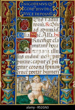 Text Seite von Stunden des Kreuzes mit verzierten Rand zeigt St. Nikodemus dargestellt als ein putto. Sforza Stunden. Mailand, ca. 1490; Flämische Insertionen, 1517-1520. Quelle: Hinzufügen. 34294, f. 17 v. Sprache: Latein. Autor: Birago, Giovan Pietro. Stockfoto