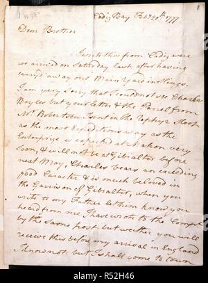 Brief von Lord Nelson. Nelson Papers, Vol.Lxxxvii. Die Bucht von Cadiz [Spanien]; 1777. [Ganze folio] Autogramm Schreiben vom Lord Nelson zu seinem Bruder, Pfr. William Nelson. Die Bucht von Cadiz, 20. Februar 1777 Bild von Nelson Papers, Vol.Lxxxvii. Ursprünglich veröffentlicht in Spanien [die Bucht von Cadiz] produziert; 1777. . Quelle: Hinzufügen. 34988, f 1. Sprache: Englisch. Stockfoto