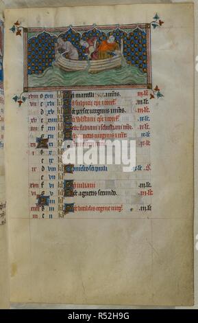 Miniatur von Drei Mann in einem Boot aus Kannen gießt Wasser (für die Sternzeichen Wassermann), auf ein Kalenderblatt für Januar. Psalter (die "Queen Mary Psalter"). England (London/Westminster oder East Anglia?); zwischen 1310 und 1320. Quelle: Royal 2 B VII, w.72. Sprache: Latein, mit französischen Bildunterschriften. Stockfoto