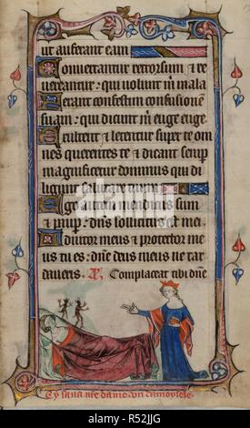Bas-de-Seite Szene der Jungfrau Maria Bannend zwei Dämonen aus einem Besessenen Mädchen, mit einer Bildunterschrift lesen, â € "Cy sana n [Ost] Re Dame un damoyseleâ €™. Buch der Stunden, Verwendung von Sarum (die "taymouth Stunden"). England, S.E.? (London?); 2. Quartal des 14. Jahrhunderts. Quelle: Yates Thompson 13, w.175. Sprache: Latein und Französisch. Stockfoto