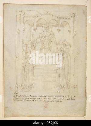 Pageant IV. die Krönung von Johanna von Navarra, Ehefrau von Heinrich IV., den 26. Januar 1403. Die Königin ist auf einem überdachten Stuhl sitzt. Die Krone ist ein upom ihren Kopf von einem Erzbischof. Anwesend werden Sekretärinnen, Herren und Damen der Königin. . Beauchamp Pageants. S. Niederlande [Brügge?]; nach 1483. Quelle: Baumwolle Julius E.IV, § 6, f 2 v. Sprache: Englisch. Stockfoto