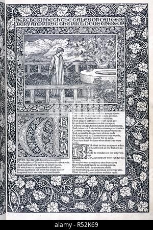 Prolog Seite. Die Werke von Geoffrey Chaucer jetzt neu bedruckt. Kelmscott Press: Hammersmith, 1896. Der Prolog Seite der Canterbury Tales. Bild aus den Werken von Geoffrey Chaucer jetzt neu bedruckt. (Herausgegeben von F.S. Ellis; mit Bildern, die von Sir Edward Burne-Jones verziert, und graviert auf Holz von W. H. Böttcher). Ursprünglich veröffentlicht in Kelmscott Press: Hammersmith, 1896 produziert. . Quelle: C.43.h.19, Prolog. Sprache: Englisch. Stockfoto