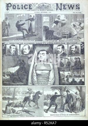 Mord auf der Zeile des Buck. Die in der Abbildung dargestellte Polizei Nachrichten. Gerichte und wöchentlich. London, 8. September 1888. Empörend und mysteriösen Mord an einer Frau - Buck's Row Whitechapel'. Illustrationen für die Whitechapel Morde oder 'Jack the Ripper'. Bild aus den Illustrierten Polizei Nachrichten übernommen. Gerichte und wöchentlich aufzeichnen. Ursprünglich veröffentlicht in London produziert, 8. September 1888. . Quelle: Colindale, Vorderseite, Nummer 1.282. Sprache: Englisch. Stockfoto