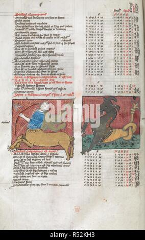 Miniaturen zeigen Abbildungen der Schütze und Steinbock, aus einer Kopie eines Griechischen astrologische Abhandlung eventuell bereit für König Heinrich VII. Tabelle der Sterne. England; circa 1490. Quelle: Arundel 66, w.41 v. Sprache: Latein. Autor: Ptolemäus. Stockfoto