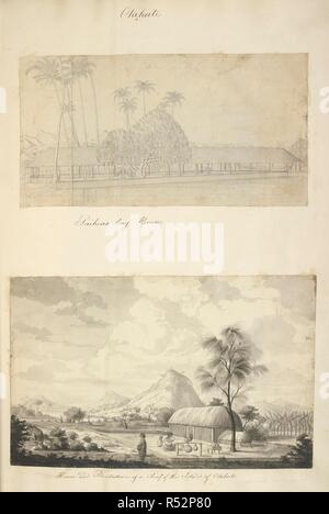 Otaheite. [Top]: Paiheas Long House. (Untere Zeichnung]: Haus und Plantage eines Chief von otaheite. . Eine Sammlung von Zeichnungen von A. Buchan, S. Parkinson, und J. F. Miller, in den Ländern, die von Captain James Cook auf seiner ersten Reise [1768-1771] besucht, auch der Drucke in John's Hawksworth Voyages von Biron [Byron], Wallis, und Kochen [1773] veröffentlicht, sowie in der zweiten und dritten Cook Voyages [1772-1775, 1776-1780]. 1768-1780. Quelle: Hinzufügen. 23921 f 10. Stockfoto