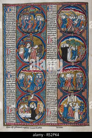 Biblische Szenen und moralizations in einer Serie von acht roundels. Bibel moralisÃ©e (Abschnitt des Oxford-Paris - London Bibel moralisÃ © e), enthält 1 Makkabäer 1 Makkabäer 14:57-2:46. Frankreich, Zentrale (Paris); 2. Quartal des 13. Jahrhunderts. Quelle: Harley 1526, f, 20 v. Sprache: Latein. Stockfoto