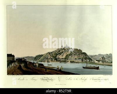 Gruppen von Zahlen Promenade, Rest- und Fahrpferde auf dem westlichen Ufer des Rheins außerhalb Koblenz im Vordergrund, und das Kurfürstliche Schloss darüber hinaus auf der Linken und einen Blick auf die Festung Ehrenbreitstein auf dem Ostufer im Hintergrund. Ansicht der Festung Ehrenbreitstein=Vue de la fortresse d'Festung Ehrenbreitstein. Wien: bey Artaria Comp., [1798] handkolorierte Radierung. Quelle: Karten 6.Tab.12, Platte 29. Sprache: Deutsch und Französisch. Autor: Ziegler, J. Stockfoto