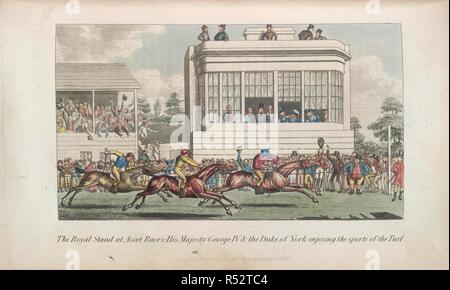 Pferderennen in Ascot. S. E. des Anekdoten der Rasen, der Verfolgung, der Ring. London, 1827. Das Royal in Ascot Rennen Stand, Seine Majestät George IV und der Herzog von York genießen der Sport der Turf". Bild von P.E.'s Anekdoten der Rasen, der Verfolgung, der Ring, und die Bühne mit 13 farbigen Tafeln, aus der Natur entworfen und von T. Lane geätzt. Ursprünglich veröffentlicht in London, 1827 produziert. . Quelle: C.71.F 7. Sprache: Englisch. Stockfoto