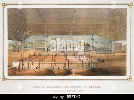 Casa de Calderas. Los Ingenios. Coleccion De Vistas de los. Havanna, 1857. Casa de Calderas del ingenio Santa Susana. Propiedad del ExcelentÃ-simo SeÃ±oder Don Antonio Parejo. Kubanische Arbeitskräfte, Materialien in einem Ofen. Innenraum eines kochendes Haus. Bild von Los Ingenios genommen. Coleccion De Vistas de los principales ingenios de Azucar de la Isla de Cuba. Edicion de Lujo. El texto redactado por J. G. Cantero Las lÃ¡Minas dibujadas del Natürliche y litografiadas por Eduardo Laplante, usw. (Habana, 1857.) Ursprünglich veröffentlicht in Havanna, 1857 produziert. . Quelle: 1780. C.14,. Sprache: Sp Stockfoto
