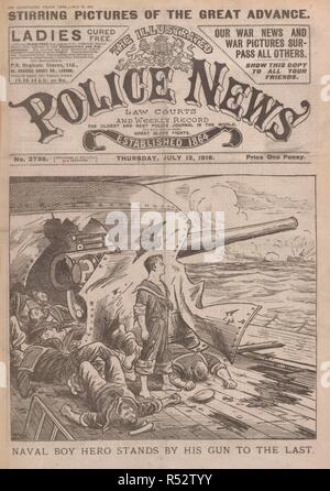 "Naval junge Held steht durch seine Waffe auf den letzten". Dies ist wahrscheinlich Jack Cornwall (John Travers Cornwell VC (8. Januar 1900 â € "2. Juni 1916). Ein Marine, der im Alter von 16 wurde posthum der Victoria Cross, für seine Tapferkeit in der Schlacht von Jütland ausgezeichnet. Obwohl schwer verletzt, schaffte er es, wieder aufzustehen, und trotz der ganzen gun Crew um ihn tot oder verwundet, blieb Er stand zu seiner Post für mehr als 15 Minuten bis HMS Chester von der Tätigkeit im Ruhestand mit nur einem Main Gun arbeitet noch. Er starb später im Krankenhaus. Die in der Abbildung dargestellte Polizei Nachrichten. London, 1916. Quelle: Kranke Stockfoto