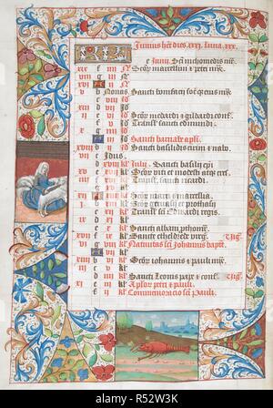 Ein Kalenderblatt für den Monat Juni. Die linke rn Miniatur zeigt eine Frau Schur ein Schaf. Psalter. Frankreich, W. (Rouen?), Und in England oder den Niederlanden, S.; im letzten Viertel des 15. Jahrhunderts, oder 1. Quartal des 16. Jahrhunderts. Quelle: Harley 1892, f, 27 v. Sprache: Latein. Stockfoto