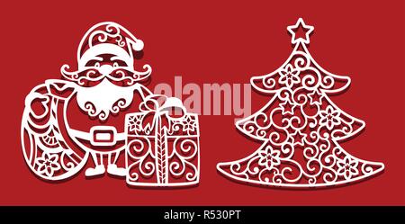 Weihnachtsmann mit Sack und Geschenk für Laserschneiden. Neues Jahr Karte. Weihnachtsbaum Stock Vektor