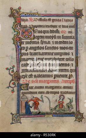 Bas-de-Seite Szene der Folter von St. Margaret. Buch der Stunden, Verwendung von Sarum (die "taymouth Stunden"). England, S.E.? (London?); 2. Quartal des 14. Jahrhunderts. Quelle: Yates Thompson 13, w.86 v. Sprache: Latein und Französisch. Stockfoto