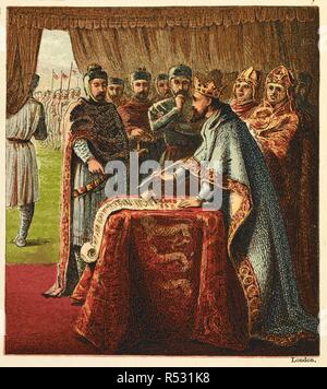 King John und Magna Charta". Magna Carta, auch "Magna Charta Libertatum oder die große Charta der Grundrechte von England, ist ein Anjou Charta ursprünglich in Lateinamerika im Juni 1215 herausgegeben. Es war unter Eid von König Johann in Runnymede versiegelt, am Ufer der Themse in der Nähe von Windsor, England am 15. Juni 1215. Bilder der englischen Geschichte. Von den frühesten Zeiten bis zur Gegenwart. Mit 93 Abbildungen in Farbe gedruckt von Kronheim. George London: Routledge & Söhne, [1868]. Quelle: 9505. ff.6 Bild 24. Sprache: Englisch. Stockfoto