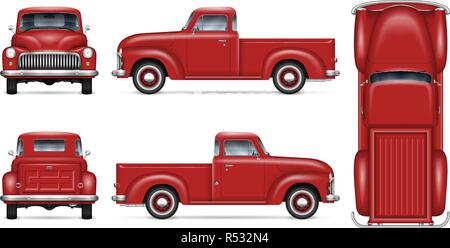 Retro Auto vector Mockup auf weißem Hintergrund. Isolierten roten Pickup truck Ansicht von der Seite, vorne, hinten, oben. Alle Elemente der Gruppen auf separaten Ebenen Stock Vektor