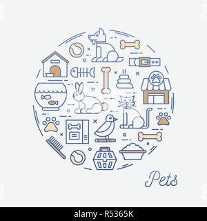 Haustiere, dünne Linie Symbole kreisförmige Rahmen banner Stock Vektor