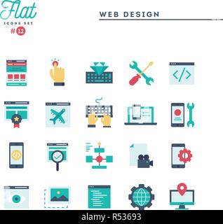 Web Design, Coding, entgegenkommend, App Entwicklung und mehr, Flachbild Symbole gesetzt Stock Vektor