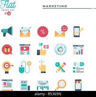 Digital Marketing, Online Business, Zielgruppe, Bezahlung pro das Klicken und mehr, Flachbild Symbole gesetzt Stock Vektor