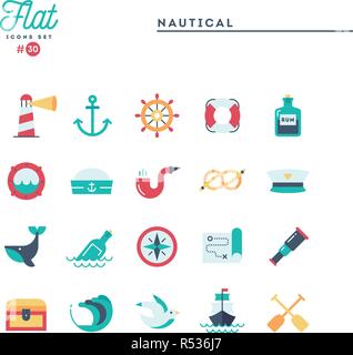 Wassersport, Segeln, Meer, Tiere, marine und mehr, Flachbild Symbole gesetzt Stock Vektor