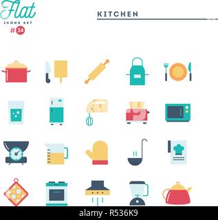 Kochutensilien, Lebensmittel und mehr, Flachbild Symbole gesetzt Stock Vektor