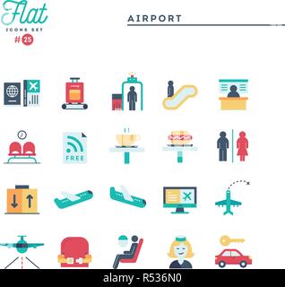 Flughafen, Gepäck scannen, Flug, Auto mieten und mehr, Flachbild Symbole gesetzt Stock Vektor