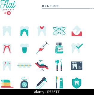 Zahnarzt, Zahnpflege, gesunde Zähne, Schutz und mehr, Flachbild Symbole gesetzt Stock Vektor