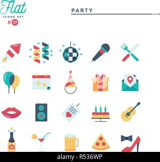 Party, Feier, Feuerwerk, Konfetti und mehr, Flachbild Symbole gesetzt Stock Vektor