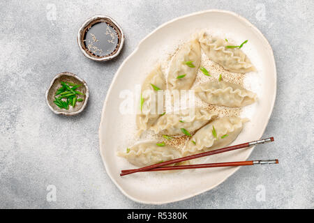 Koreanische Knödel mit Fleisch und Gemüse auf einem weißen Teller mit Sesam, Sojasauce und grüne Zwiebeln auf einem grauen Betonflächen. Asiatische Küche. Selectiv Stockfoto