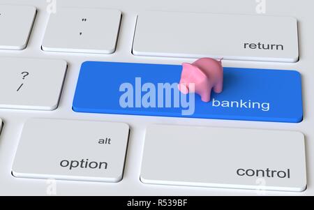 Rosa Sparschwein auf der Tastatur des Computers. Online-banking-Konzept. 3D-Darstellung Stockfoto