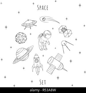 Hand gezeichnet Vector SPACE-Elemente: Kosmonaut, satelites, Rakete, Planet, Mond, Sternschnuppe und UFO. Kosmos auf weißem Hintergrund. Stock Vektor