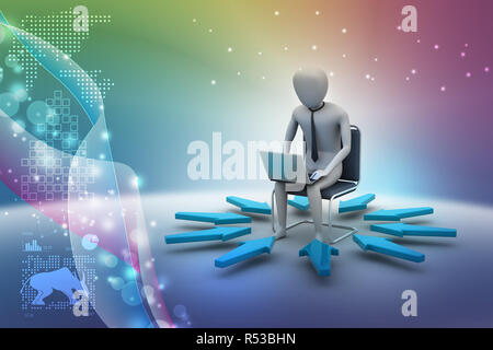 3d-Mann bei der Arbeit am Laptop Stockfoto