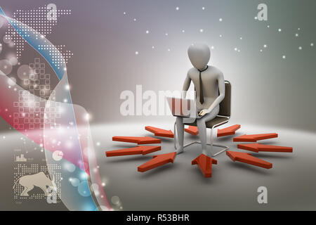 3d-Mann bei der Arbeit am Laptop Stockfoto